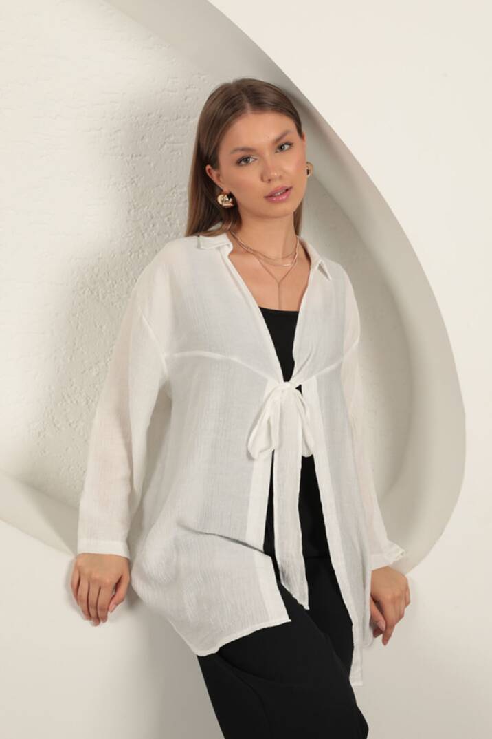 Ağaç Kabuğu Kumaş Kimono-Ekru - 3