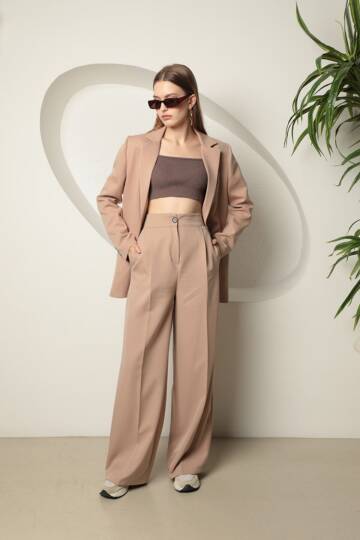 Atlas Kumaş Kadın Oversize Ceket-Bej - 2