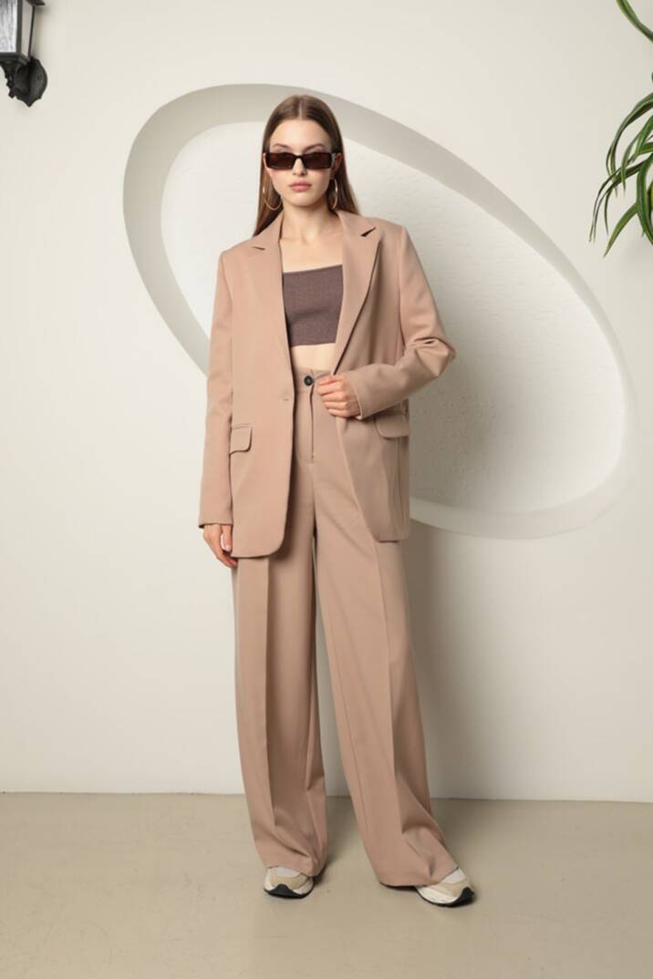 Atlas Kumaş Kadın Oversize Ceket-Bej - 3