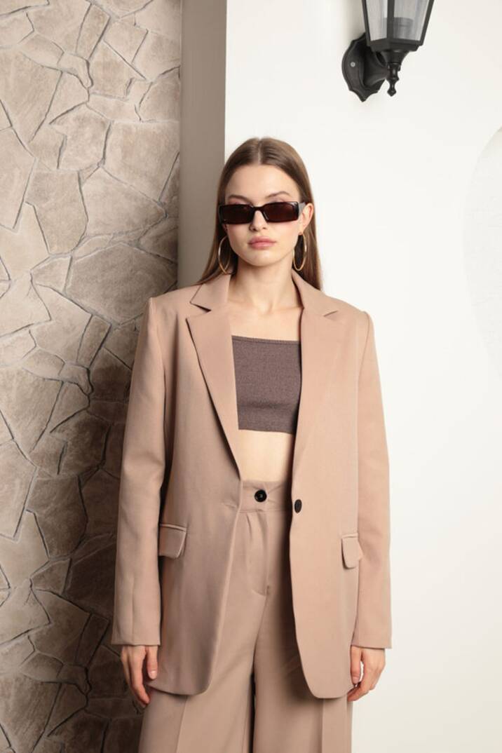 Atlas Kumaş Kadın Oversize Ceket-Bej - 5