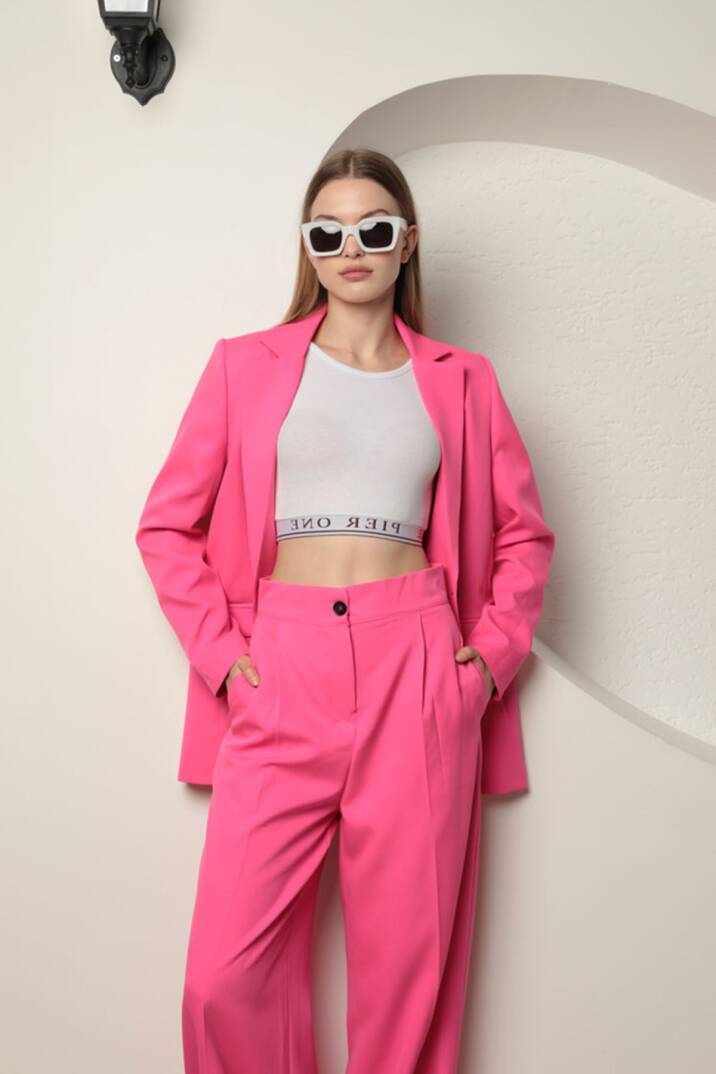 Atlas Kumaş Kadın Oversize Ceket-Fuşya - 4