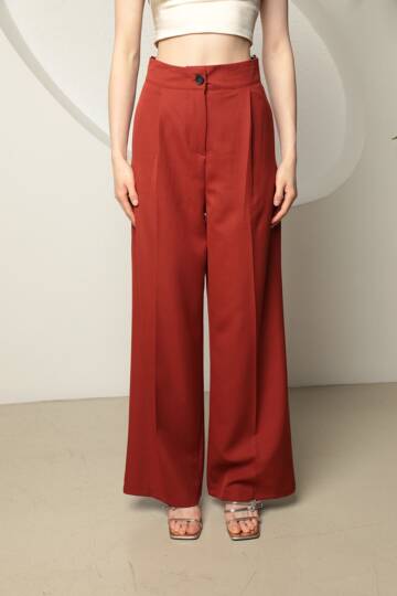 Atlas Kumaş Kadın Palazzo Pantolon-Kiremit - 4