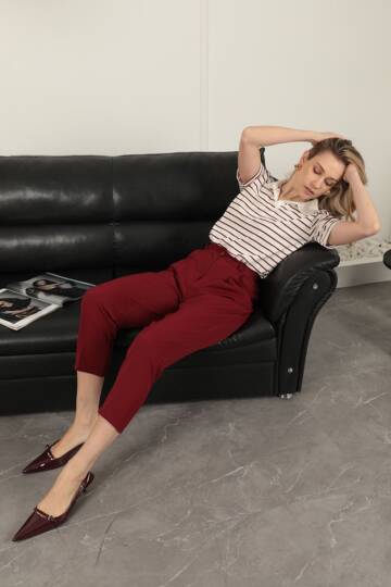 Atlas Kumaş Kemerli Havuç Pantolon-Bordo - 3