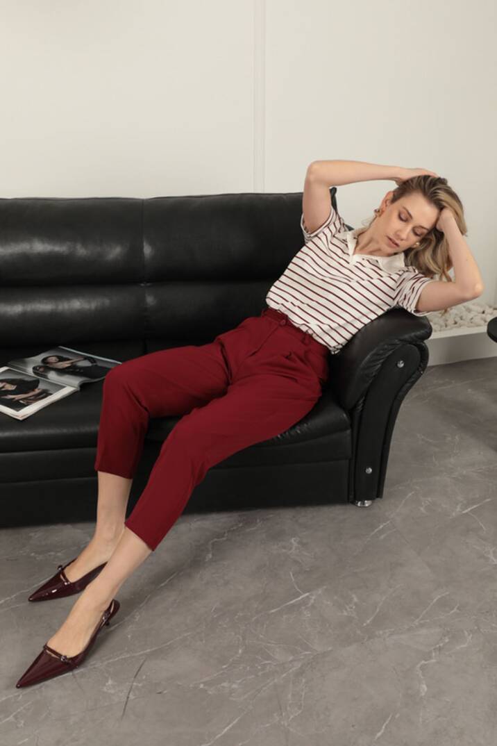 Atlas Kumaş Kemerli Havuç Pantolon-Bordo - 3