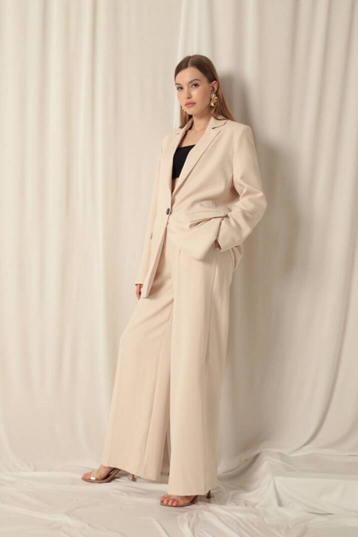 Atlas Kumaş Palazzo Kadın Bej Pantolon - 3