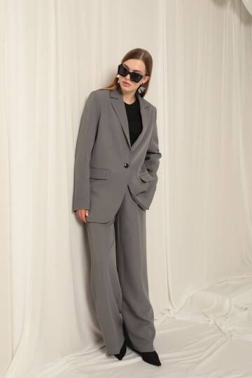 Atlas Kumaş Palazzo Kadın Gri Pantolon - 2