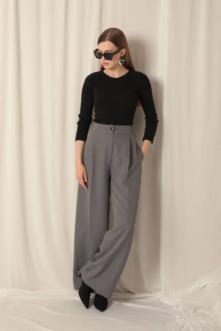 Atlas Kumaş Palazzo Kadın Gri Pantolon - 3