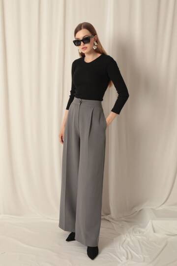 Atlas Kumaş Palazzo Kadın Gri Pantolon - 4