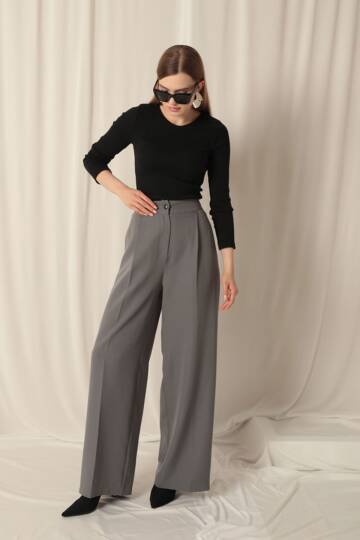 Atlas Kumaş Palazzo Kadın Gri Pantolon - 5
