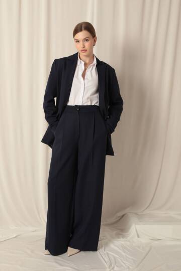 Atlas Kumaş Palazzo Kadın Mavi Pantolon - 2