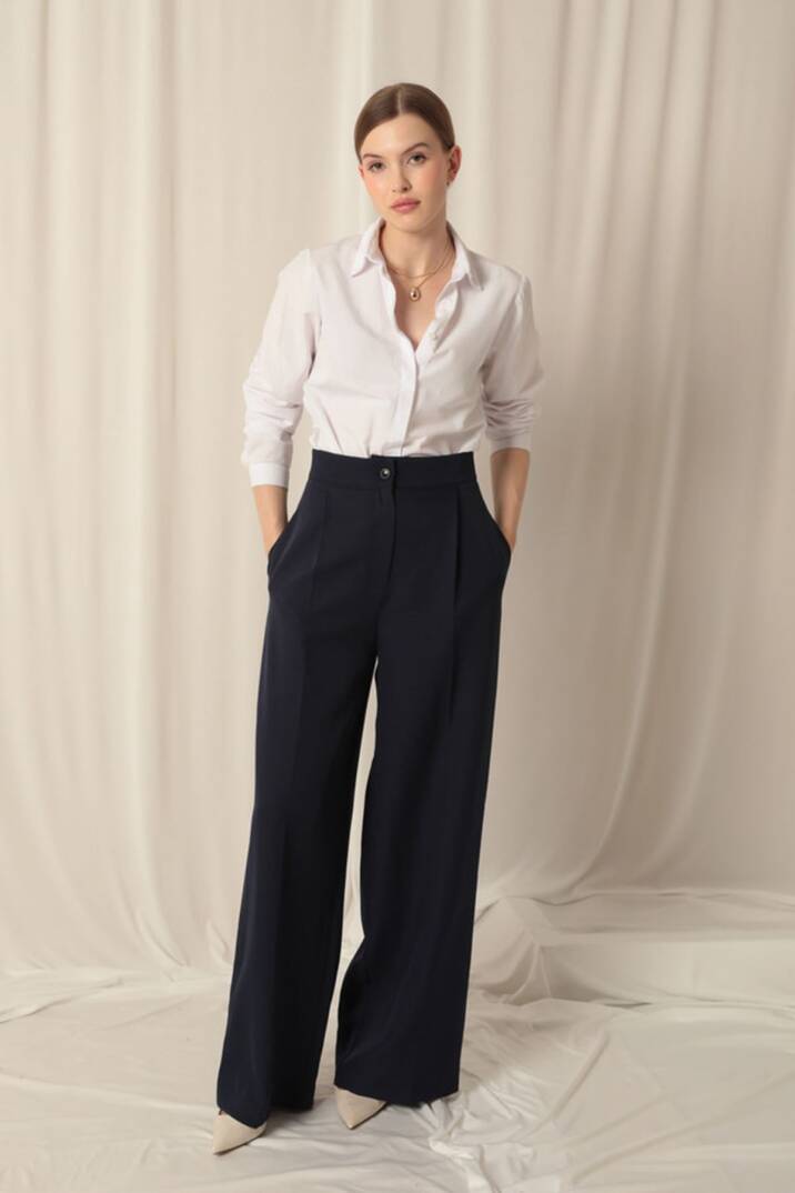 Atlas Kumaş Palazzo Kadın Mavi Pantolon - 3