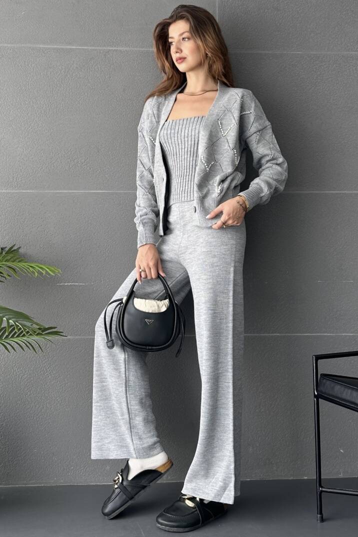 Baklava Desenli Boncuk İşlemeli 3'Lü Triko Takım - 1