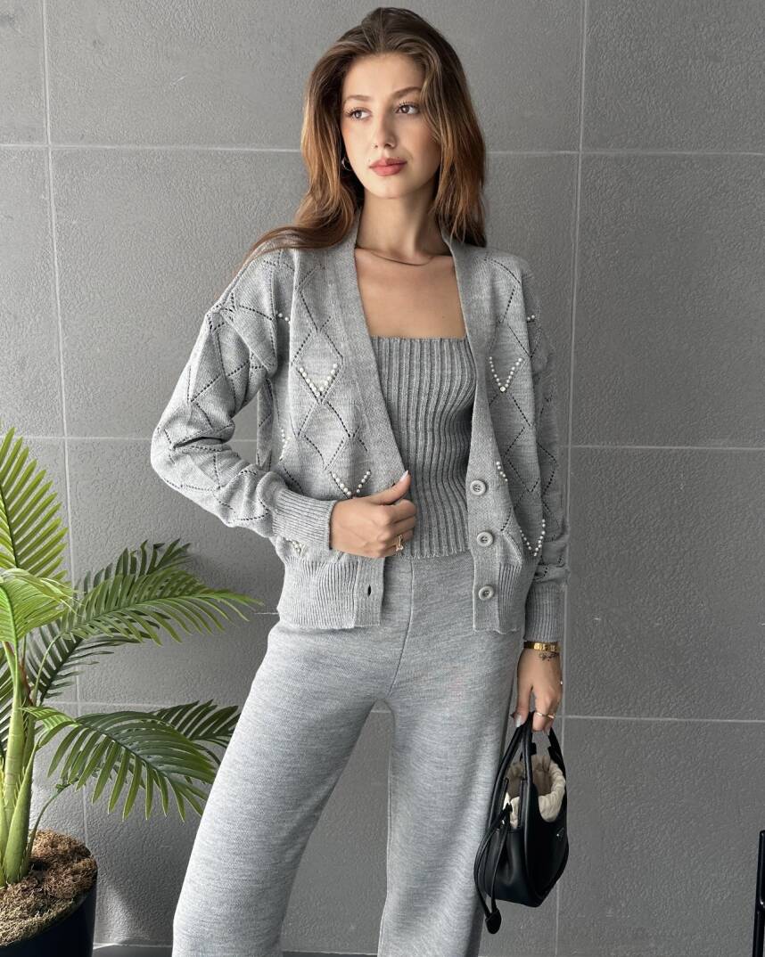 Baklava Desenli Boncuk İşlemeli 3'Lü Triko Takım - 3