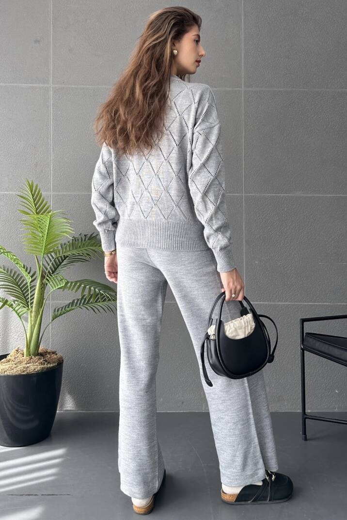 Baklava Desenli Boncuk İşlemeli 3'Lü Triko Takım - 4