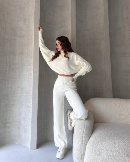 Balıkçı Crop Kazak Ve Pantolon Triko Takım