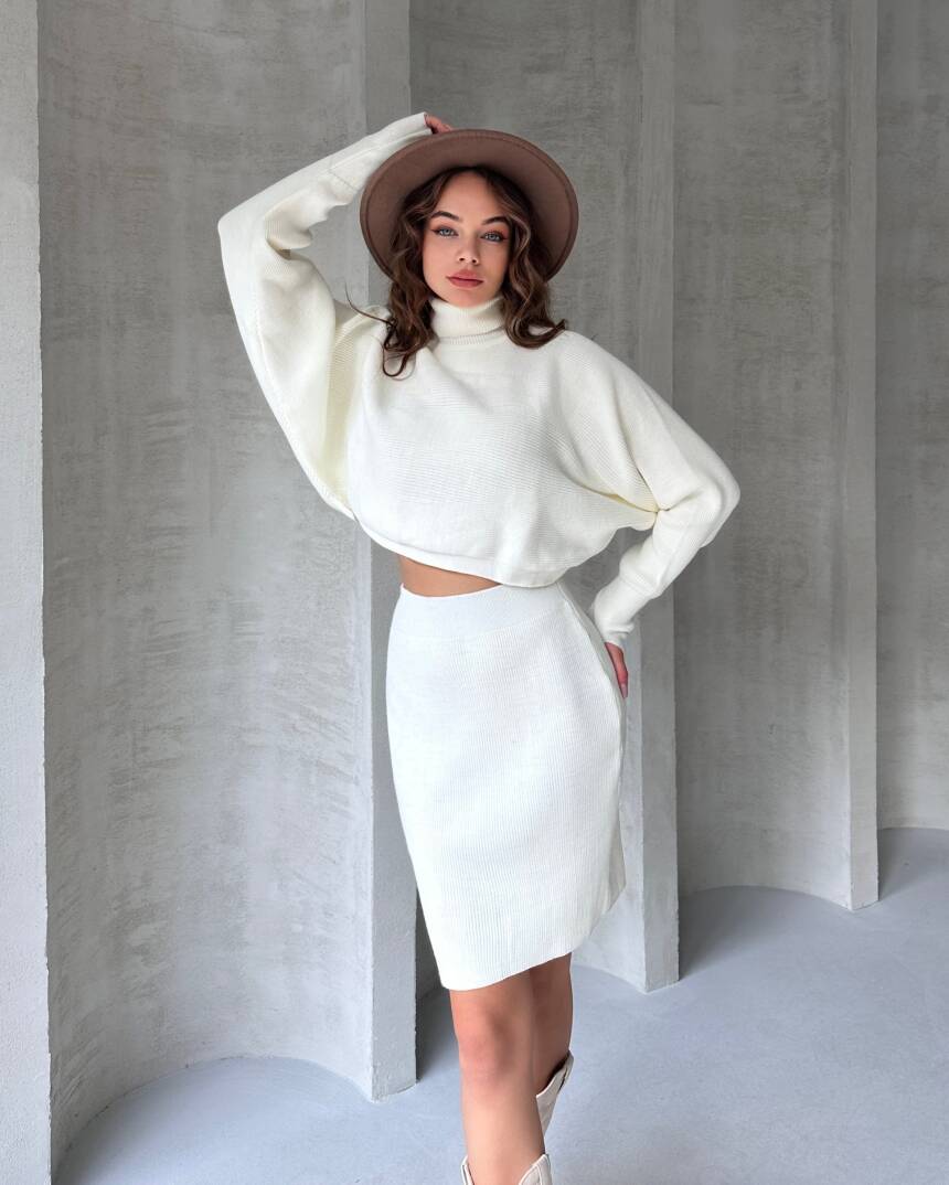 Balıkçı Yaka Yarasa Kol Bluz Ve Etek İkili Triko Takım - 1