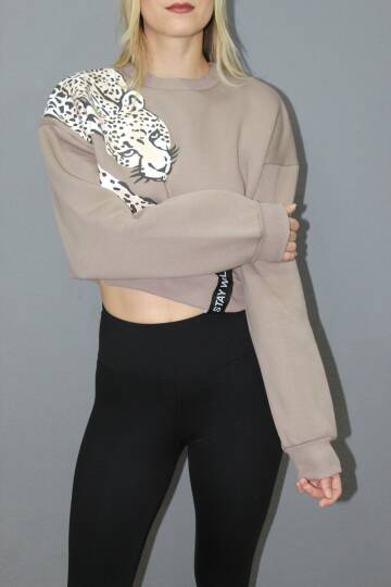 Baskılı Crop Sweat Taba - 211.502. - 3