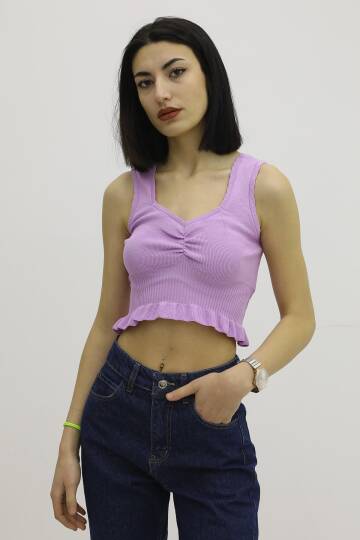 Bel Lastikli Triko Bluz Lila - P-019708 - 2