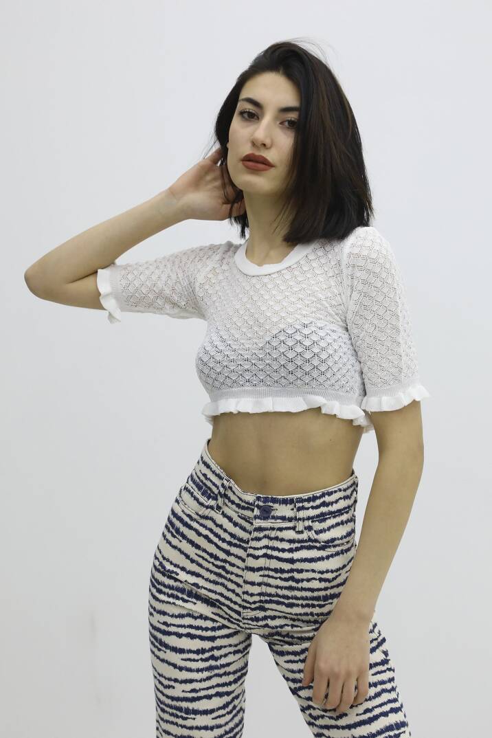 Bel Lastikli Triko Bluz - P-019803EKRU - 1