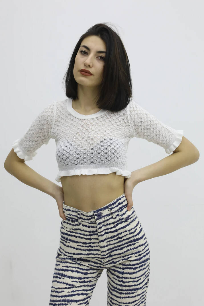 Bel Lastikli Triko Bluz - P-019803EKRU - 2