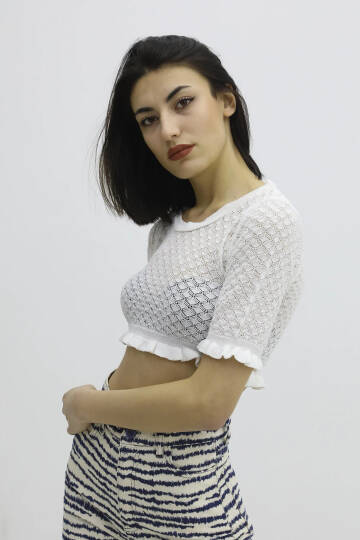 Bel Lastikli Triko Bluz - P-019803EKRU - 3