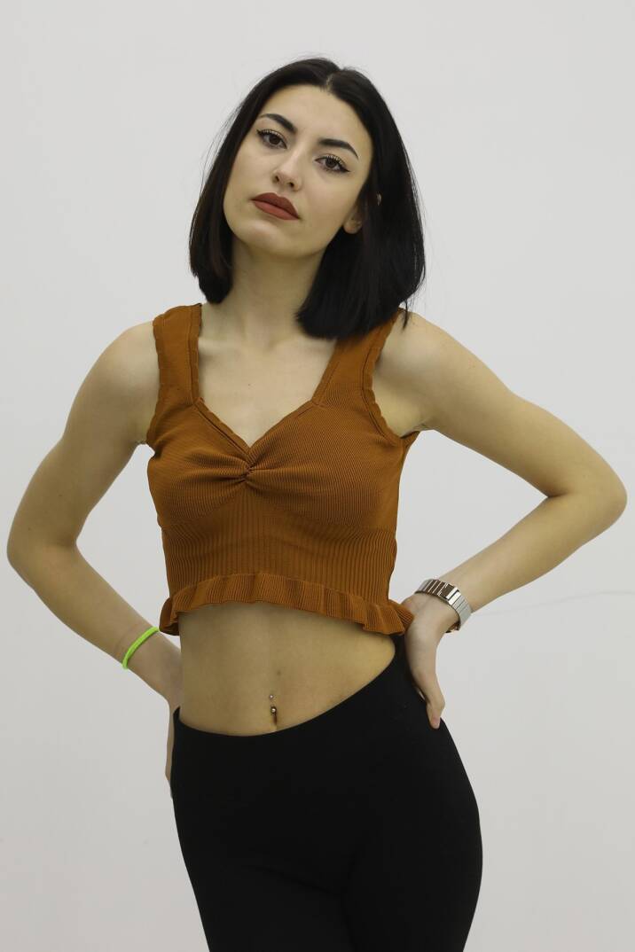 Bel Lastikli Triko Bluz Taba - P-019708 - 2