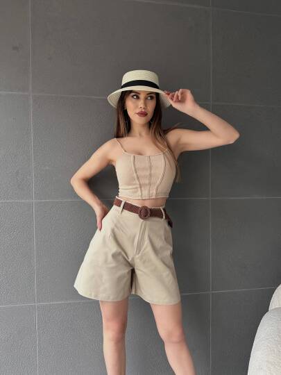 Beli Kemerli Geniş Paçalı Mom Şort - 5