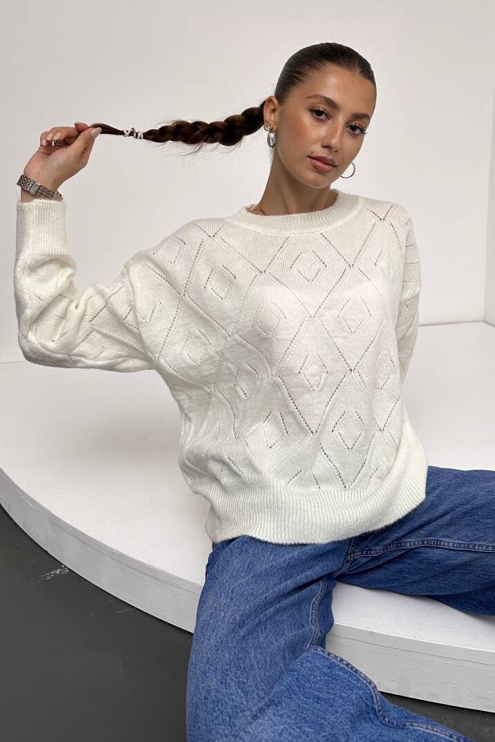 Bisiklet Yaka Baklava Desenli Triko Kazak - 1