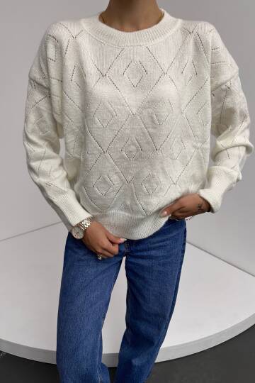 Bisiklet Yaka Baklava Desenli Triko Kazak - 3