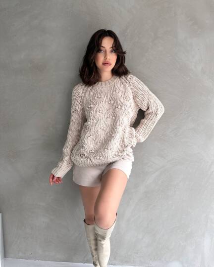 Bisiklet Yaka Bürümcük Detaylı Triko Kazak - 3