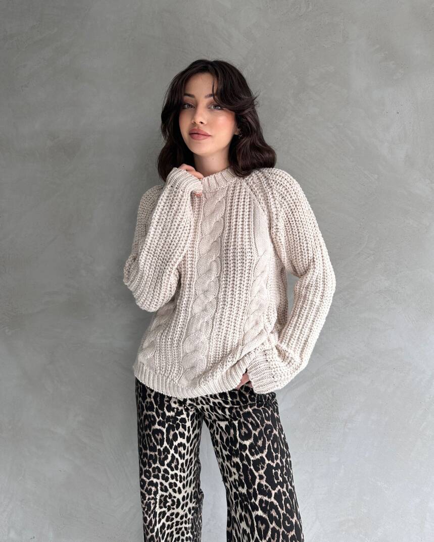 Bisiklet Yaka Örgü Desenli Triko Kazak - 1