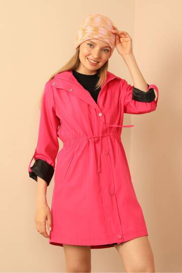 Bondig Kumaş Kapşonlu Uzun Kadın Yağmurluk-Fuşya - 2