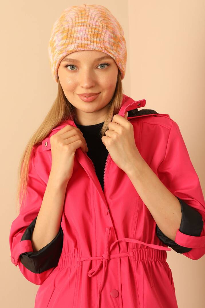 Bondig Kumaş Kapşonlu Uzun Kadın Yağmurluk-Fuşya - 3