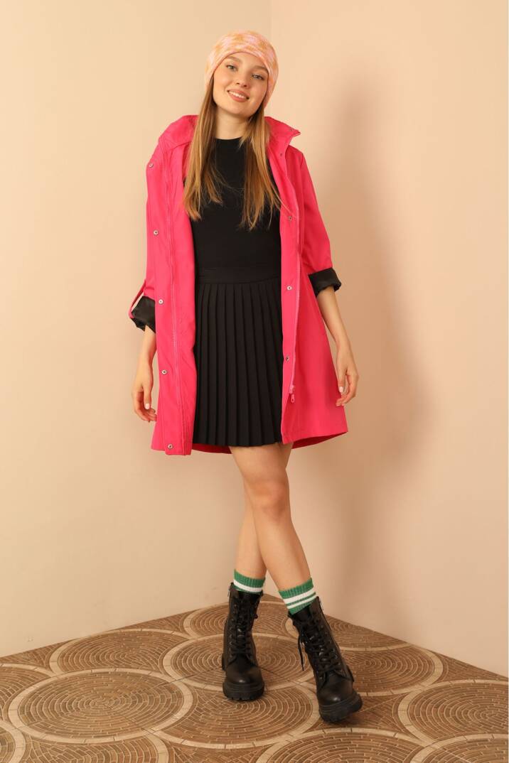 Bondig Kumaş Kapşonlu Uzun Kadın Yağmurluk-Fuşya - 4