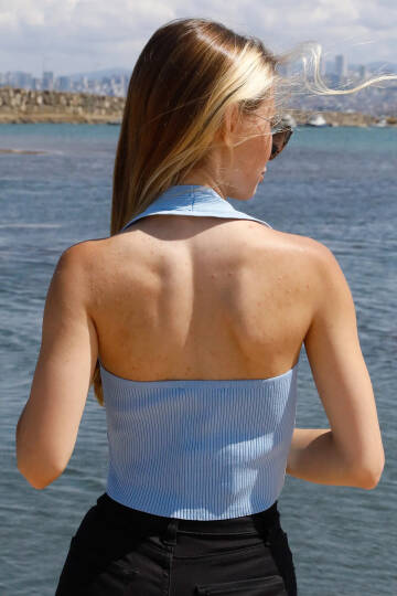 Boyun Geçirmeli Triko Büstiyer Mavi - P-019915 - 4