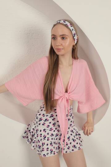 Bürümcük Çiçek Desen Şort Etek-Fuşya - 5