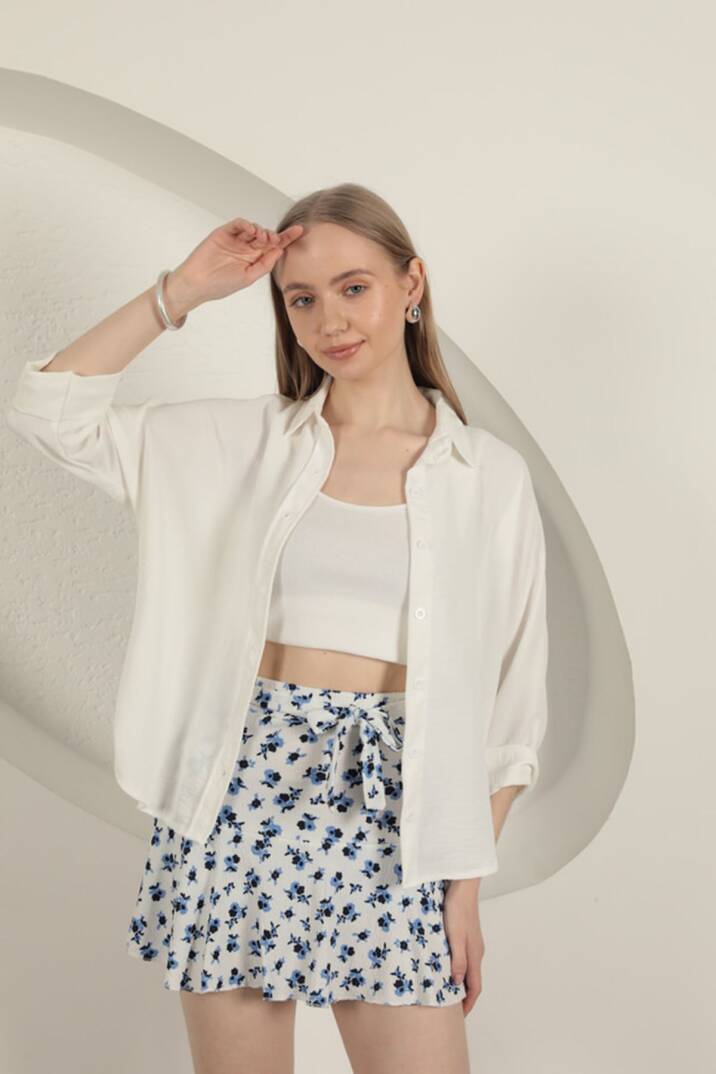 Bürümcük Çiçek Desen Şort Etek-Saks - 2