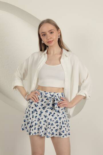 Bürümcük Çiçek Desen Şort Etek-Saks - 4