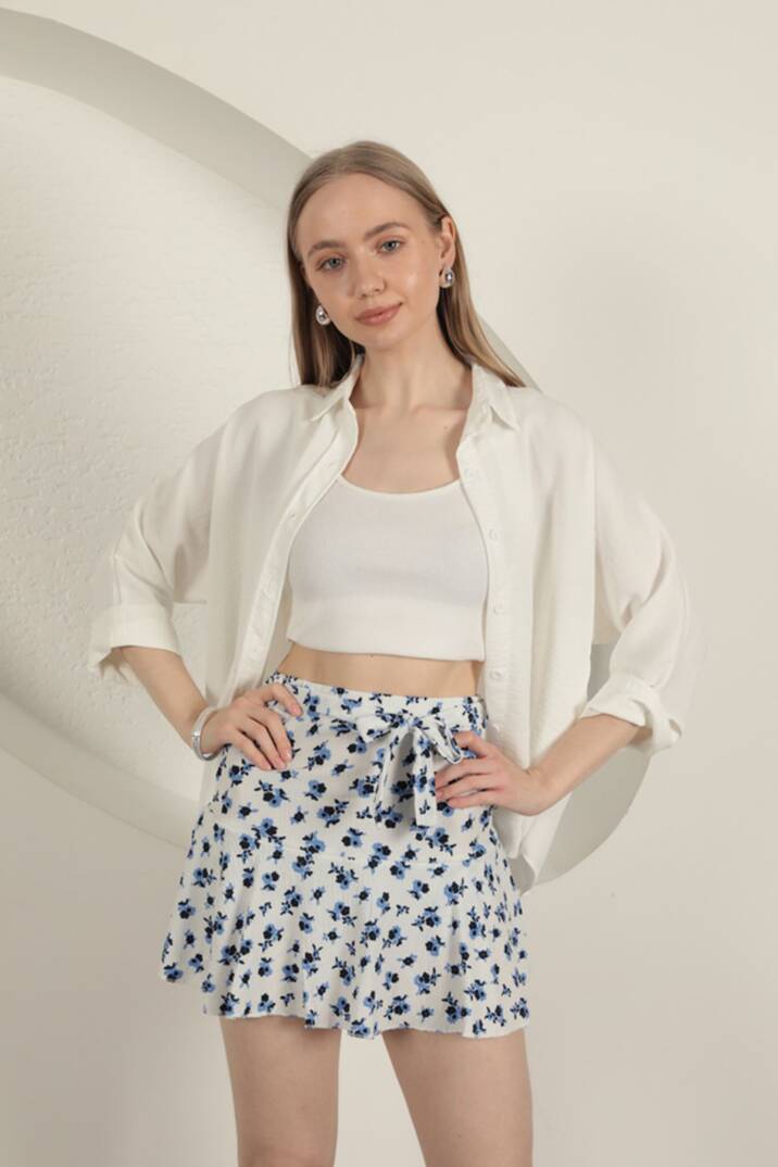 Bürümcük Çiçek Desen Şort Etek-Saks - 4