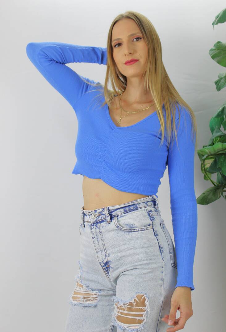 Büzgülü Fitilli Bluz Mavi  - 94574 - 1