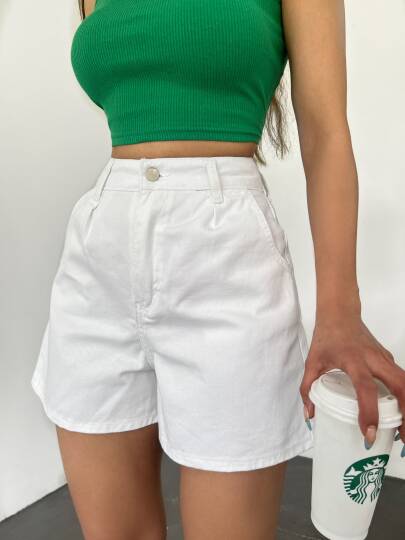 Çift Cepli Pileli Mini Denim Şort - 3