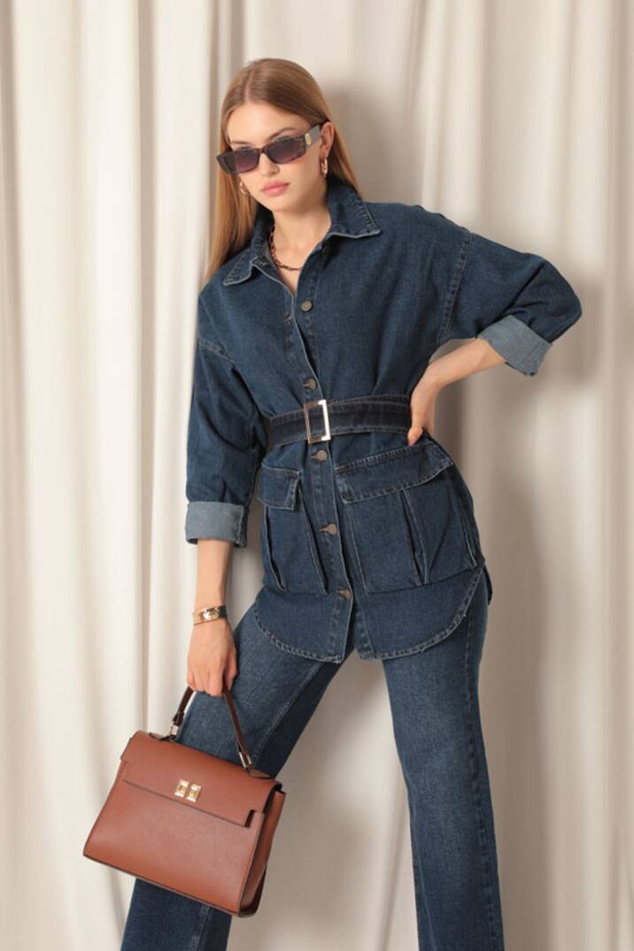Denim Kumaş Cep Detay Kadın Lacivert Kot Ceket - 2