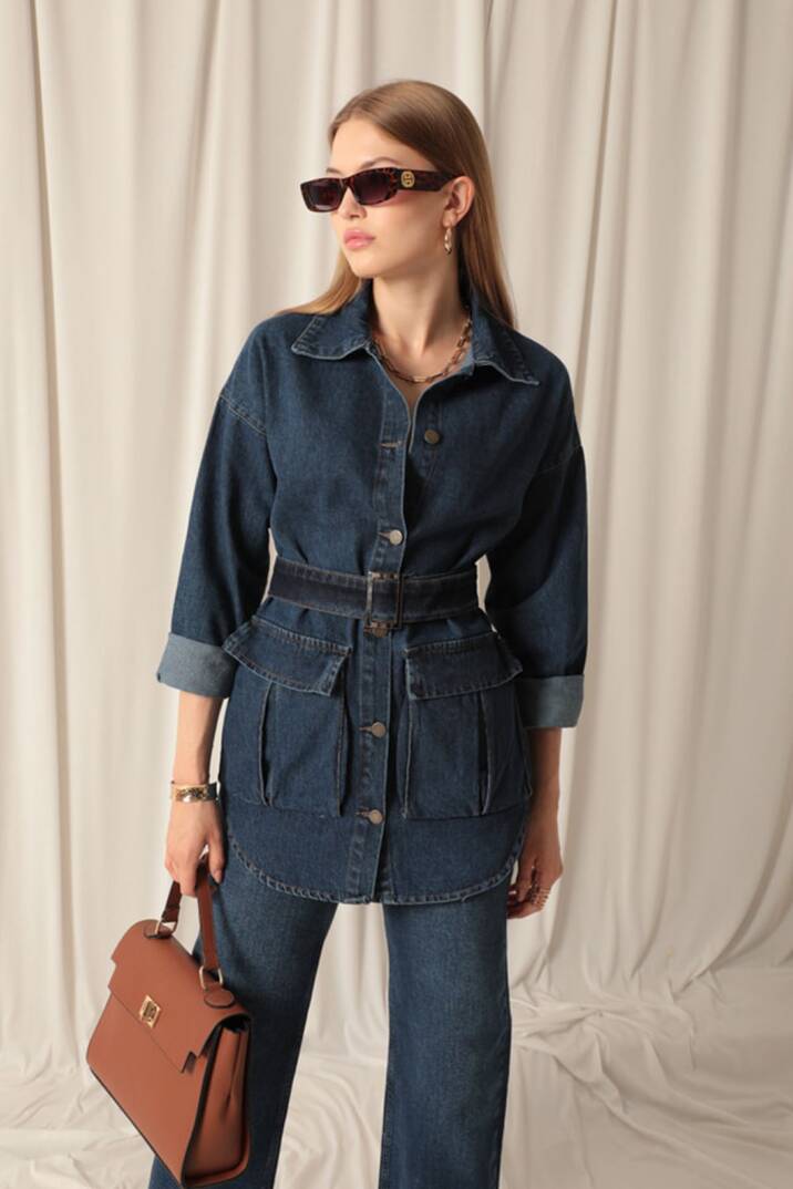 Denim Kumaş Cep Detay Kadın Lacivert Kot Ceket - 3