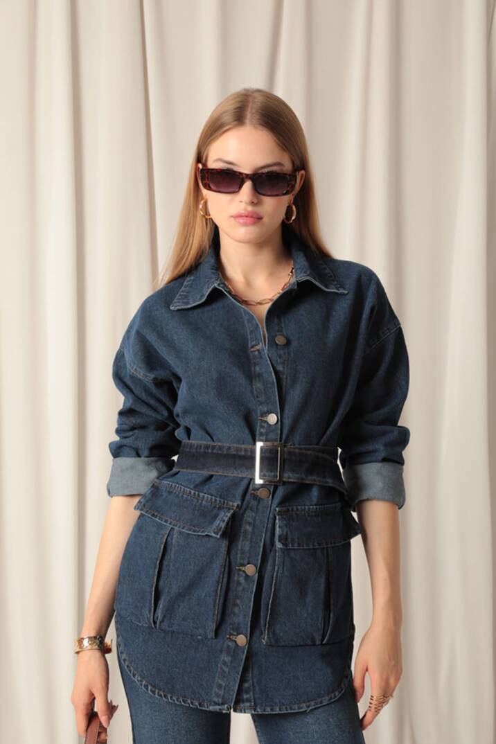 Denim Kumaş Cep Detay Kadın Lacivert Kot Ceket - 4