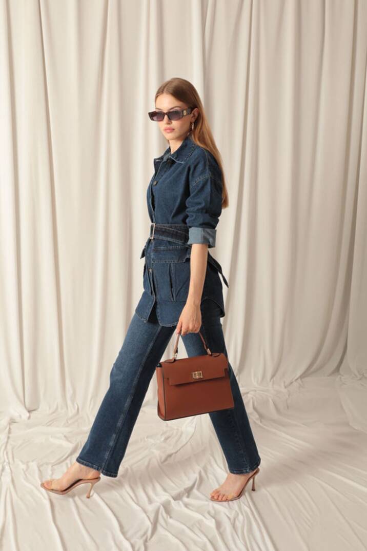 Denim Kumaş Cep Detay Kadın Lacivert Kot Ceket - 5