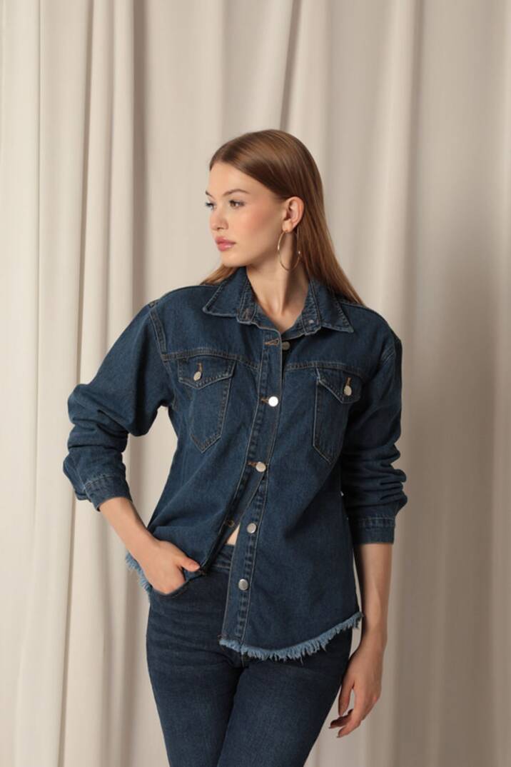 Denim Kumaş Cep Detay Püsküllü Kadın Mavi Kot Ceket - 5
