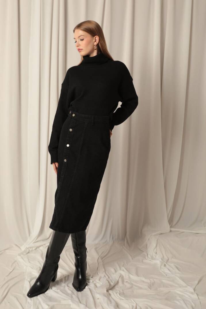 Denim Kumaş Kadın Siyah Etek - 4