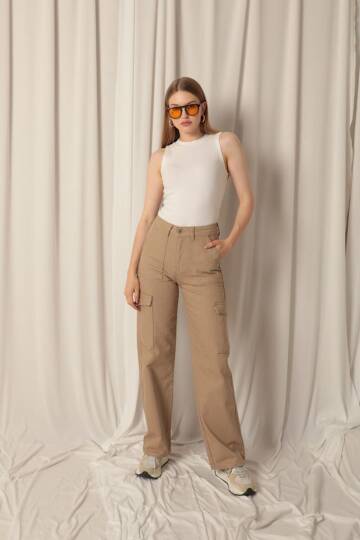 Denim Kumaş Kargo Cepli Kadın Bej Pantolon - 2