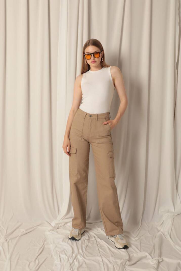 Denim Kumaş Kargo Cepli Kadın Bej Pantolon - 2