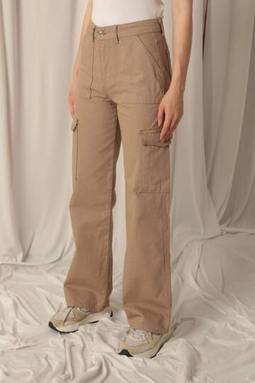 Denim Kumaş Kargo Cepli Kadın Bej Pantolon - 4